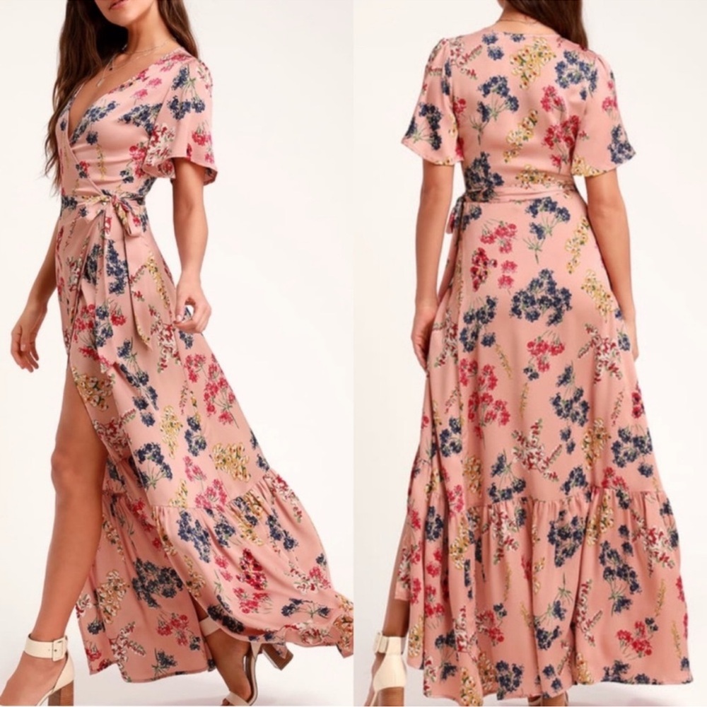 Lulus Mystic Mondays Mauve Floral Print Wrap Maxi Dress Size Large